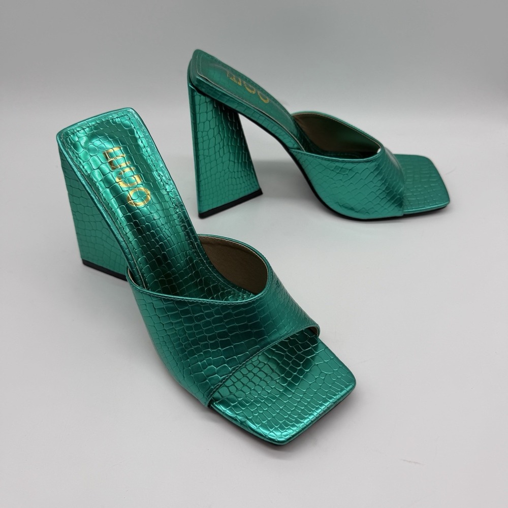 EGO Women's Sz 6 Teal Crocodile Embossed High Wedge Mule Sandals Metallic